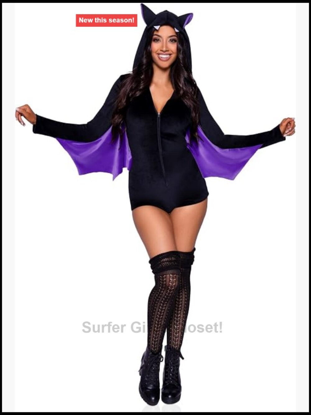 Ultra Soft Velvet Bat Romper Costume with Wing Sleeves, Zipper Front, Halloween